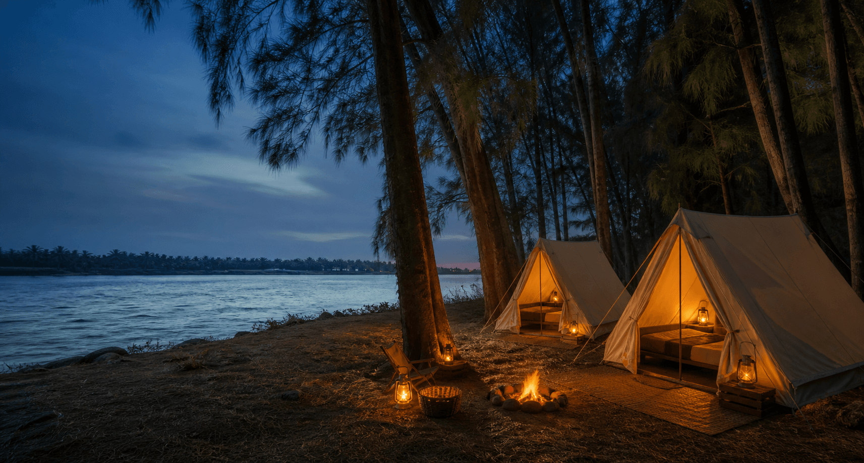 Canvas tents and lanterns beside the Koovathur backwaters
