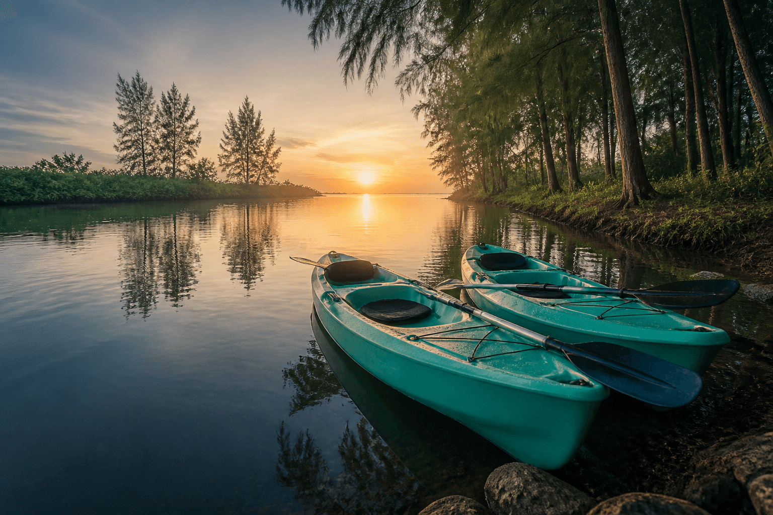 Two kayaks on calm Koovathur backwaters at sunrise