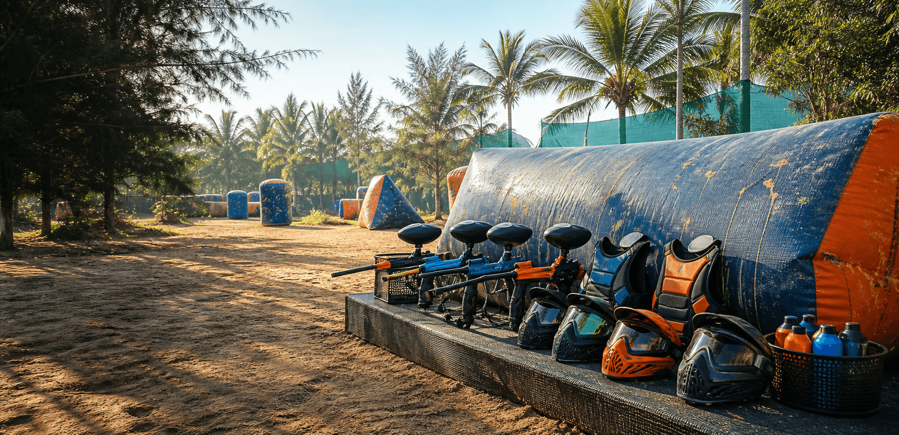 Paintball field and protective equipment in a tropical grove